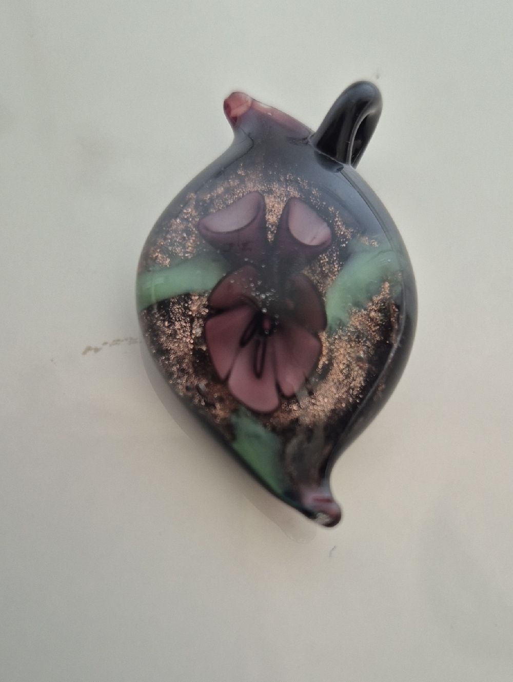 Murano Purple Floral Glass Pendant with Green Accents and Gold Flecks